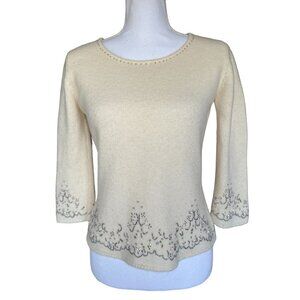 Amanda Smith Sweater Top Wool Angora Blend Women's Sz M Rhinestones Beaded Cream